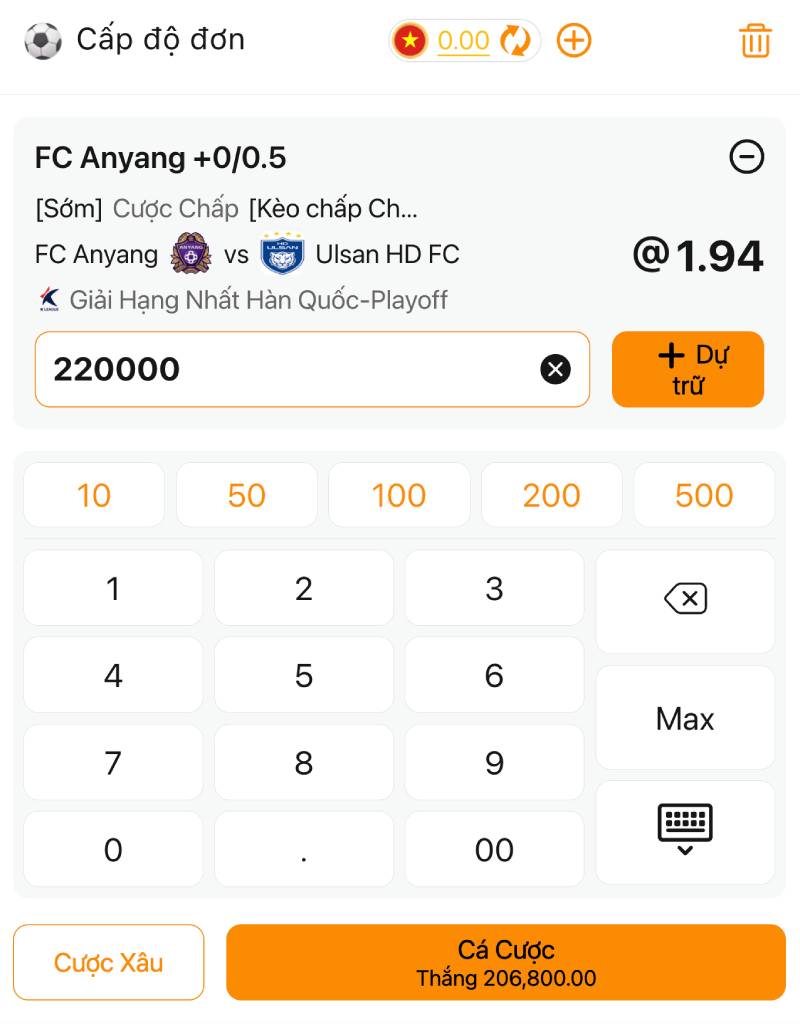 Trường hợp 2: Bạn đặt cược cho đội cửa dưới (đội được chấp 0.25)